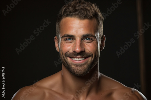 Generative ai modern technology portrait of attractive virile man after salon haircut barbershop stylist