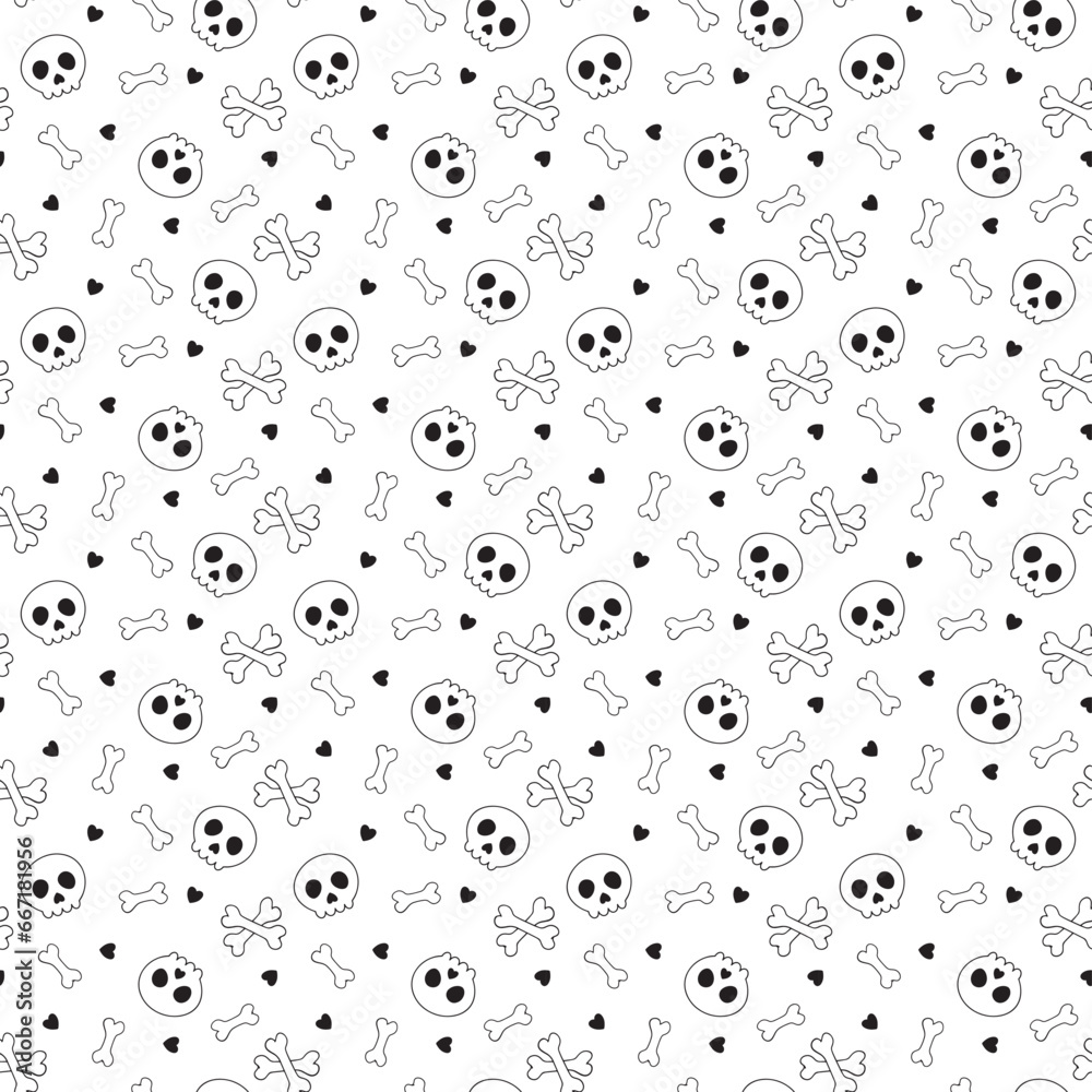 Halloween cute skulls, bones and hearts seamless pattern. Hand drawn vector isolated illustration. Ideal for background, print, design on paper or fabric.