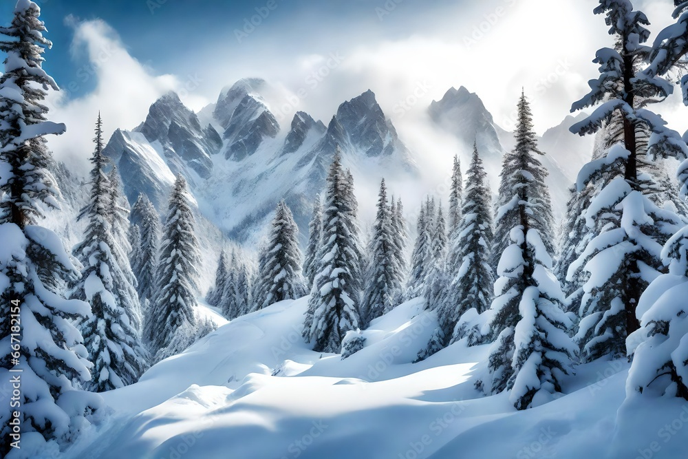 winter snow fall on high snowy mountain with view of blue sky and falling rain on white trees and on the bench with water valley crossing thw way of white tress with falling snow and moon astonishing winter snow fall on high snowy mountain with view of blue sky and falling rain on white trees and on the bench with water valley crossing thw way of white tress with falling snow and moon astonishing