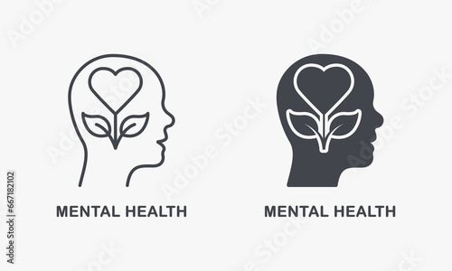 Wellness, Mental Health Silhouette and Line Icon Set. Human Brain with Flower Sign. Psychological Therapy, Healthy Mind Pictogram. Intellectual Process Symbol Collection. Isolated Vector Illustration
