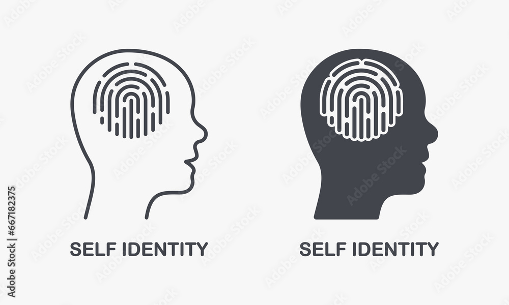 Mental Cognition Pictogram. Fingerprint in Human Head, Self Identity Silhouette and Line Icon Set. Person Identification Symbol Collection. Intellectual Process Sign. Isolated Vector Illustration