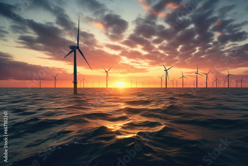 Offshore wind turbines are part of renewable and clean energy in evening ocean background