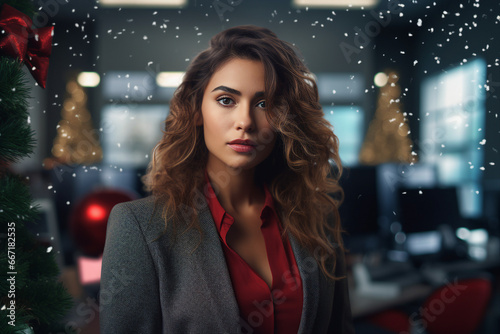 Young business lady in office celebrate christmas day created with ai generative technology