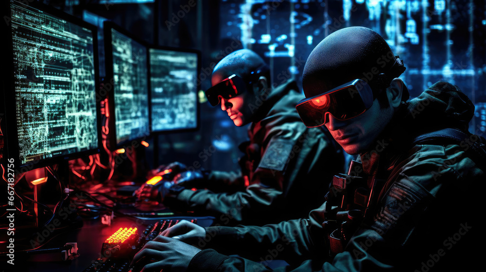 Military at computers in a dark room