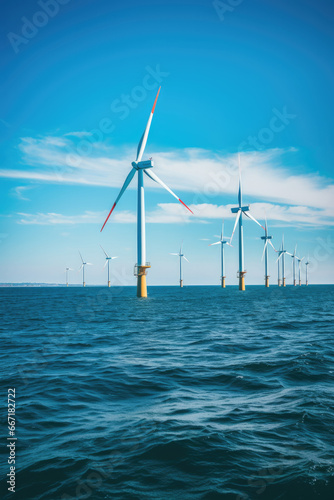 Offshore wind turbines are part of renewable and clean energy in choppy day ocean background