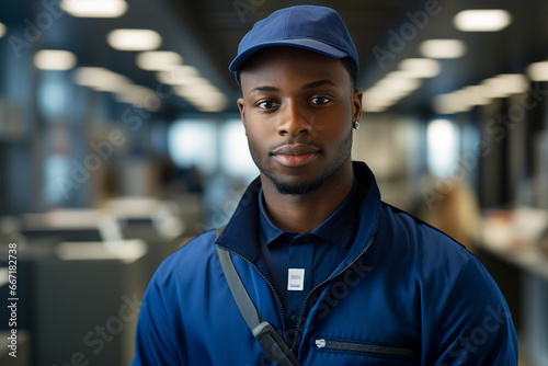 Generative AI photo of male professional postman wear uniform working in the warehouse © Tetiana
