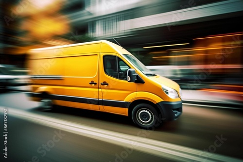 a yellow truck driving down a street at high speeds against a city background