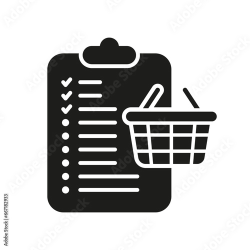 Purchase Checklist Silhouette Icon. List to Buy Glyph Pictogram. Order List with Basket Solid Sign. Grocery E-commerce, Online Sale Symbol. Isolated Vector Illustration