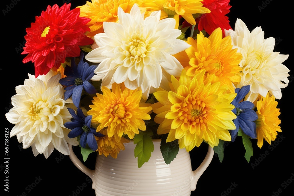Fototapeta premium A single, vibrant blossom against a dark black background, creating a visually striking composition. This captivating floral display, with its vivid colors, intricate patterns, and dynamic presence, c