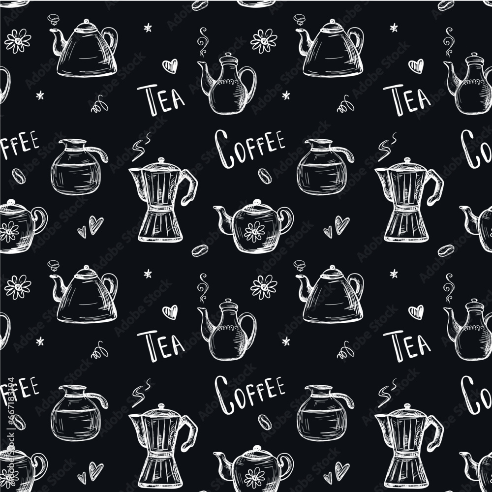 Seamless pattern with hand drawn coffee maker, kettles and pots for kitchen textile prints, wrapping paper, scrapbooking and wallpapers. Texture with kitchenware and tools Seamless pattern with hand drawn coffee maker, kettles and pots for kitchen textile prints, wrapping paper, scrapbooking and wallpapers. Texture with kitchenware and tools