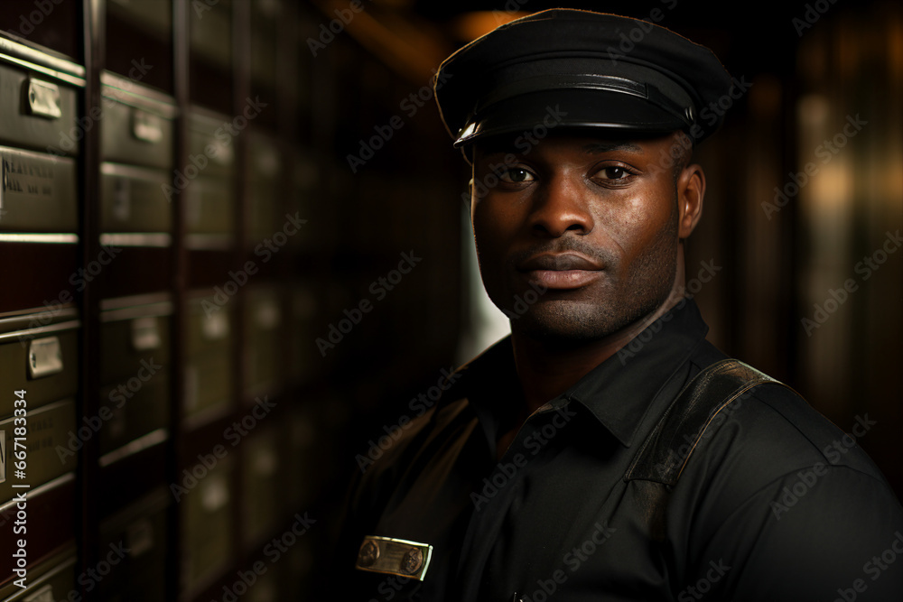 Generative AI picture portrait of mail person mailman mailwoman in corporate uniform Generative AI picture portrait of mail person mailman mailwoman in corporate uniform