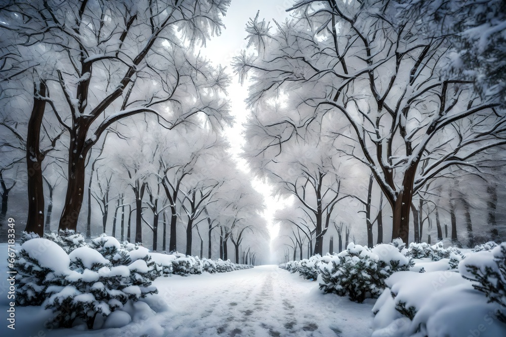 winter snow fall on high snowy mountain with view of blue sky and falling rain on white trees and on the bench with water valley crossing thw way of white tress with falling snow and moon astonishing winter snow fall on high snowy mountain with view of blue sky and falling rain on white trees and on the bench with water valley crossing thw way of white tress with falling snow and moon astonishing