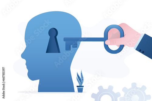 Therapy, psychotherapy, concept. Open mind, personality. Human head with keyhole and key opening mind. Mentorship, education process. Skills improvement. Mental peace, health care,