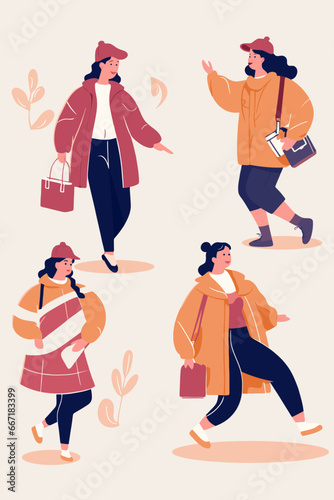 Set of trendy women in autumn clothes. Vector illustration in flat style