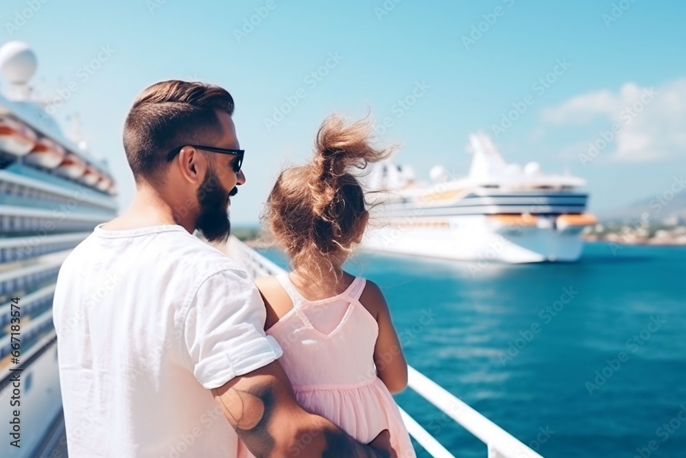Caucasian child girl traveling on a cruise ship with their father enjoying the beautiful sunny atmosphere on the ship