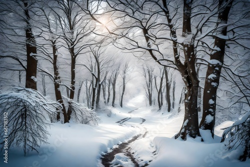winter snow fall on high snowy mountain with view of blue sky and falling rain on white trees and on the bench with water valley crossing thw way of white tress with falling snow and moon astonishing
