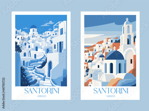 Santorini, Greece vector banners set. Traditional Greek architecture. Travel and sightseeing.