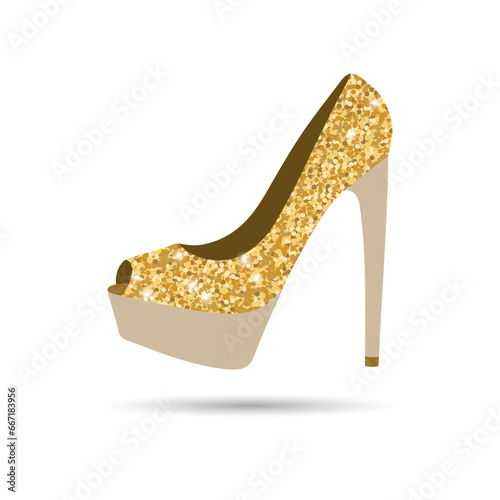 Women's high heel shoes with gold sequins. Clothes and accessories. Illustration. Vector