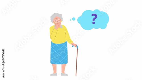 Elderly woman thinking and looking for answer. shrugs her shoulders. uncertainty, no solution concept. Character animation. hopelessness, despair, frustration. Grandmother and question mark