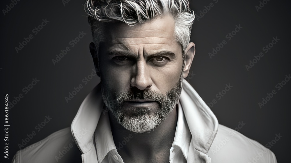 A brutal gray-haired middle-aged man with a fine haircut, beard and mustache. Stylish barbershop guy. Illustration for cover, card, postcard, interior design, banner, poster, brochure or presentation. - obrazy, fototapety, plakaty 