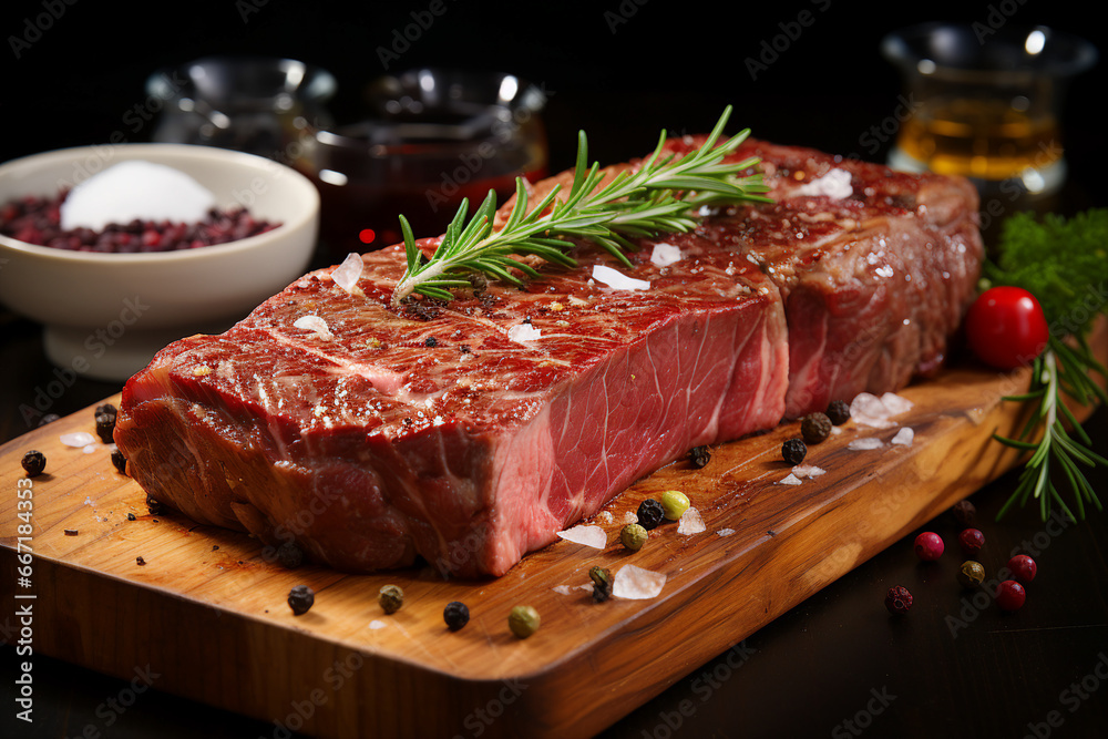 Generative AI picture of an uncooked juicy steak on wooden board in restaurant Generative AI picture of an uncooked juicy steak on wooden board in restaurant