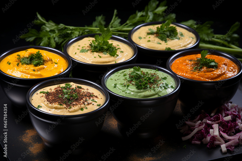 Generative AI image ceramic saucers of various sauces ketchup mayonnaise soy sauce with green herbs Generative AI image ceramic saucers of various sauces ketchup mayonnaise soy sauce with green herbs