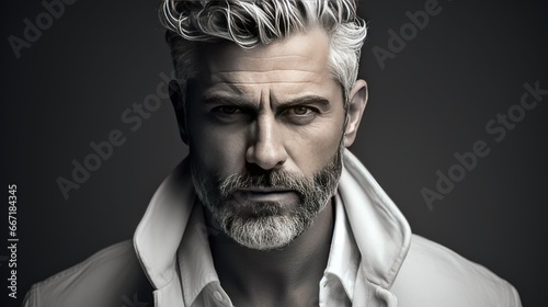 A brutal gray-haired middle-aged man with a fine haircut, beard and mustache. Stylish barbershop guy. Illustration for cover, card, postcard, interior design, banner, poster, brochure or presentation. photo