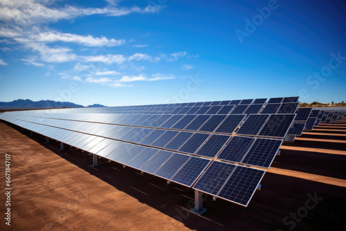 Huge Solar Panel Farm is one of Types of Renewable clean Energy on a Sunny Day