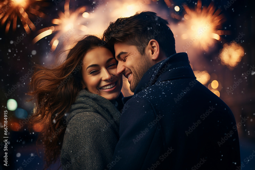 Magic christmas night with snow and fireworks made with Generative AI technology Magic christmas night with snow and fireworks made with Generative AI technology