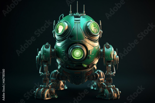 3D rendering of a robot with green eyes on a black background