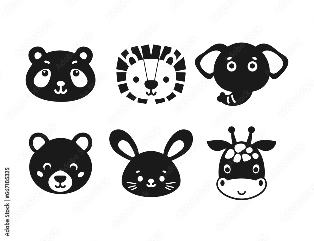 Black white Isolated animal faces Black white Isolated animal faces