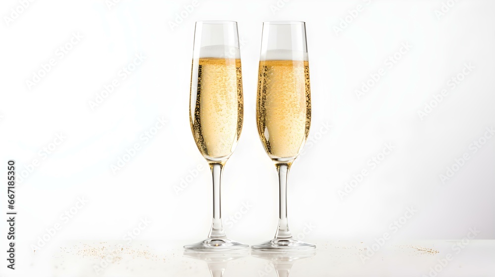 Two isolated Champagne Glasses in front of an white Background. Festive Template for Holidays and Celebrations Two isolated Champagne Glasses in front of an white Background. Festive Template for Holidays and Celebrations