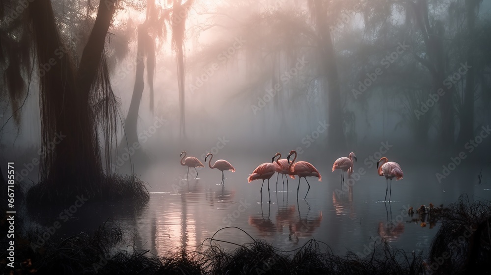 Flamingos im Nebel im Sumpf. Feuchtgebiet mit rosa Vögeln im Morgengrauen. Mystisches Hintergrundbild von wildlebenden Tieren.  - obrazy, fototapety, plakaty 