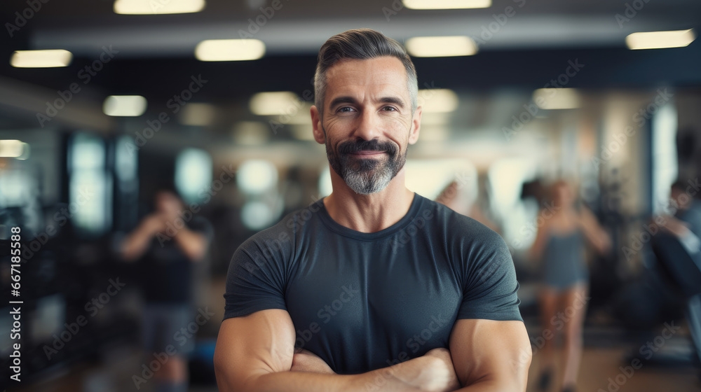 In this dynamic scene, a fitness coach stands in a gym, giving a double thumbs-up sign, radiating encouragement and support. The blurred gym background adds to the energetic atmosphere.