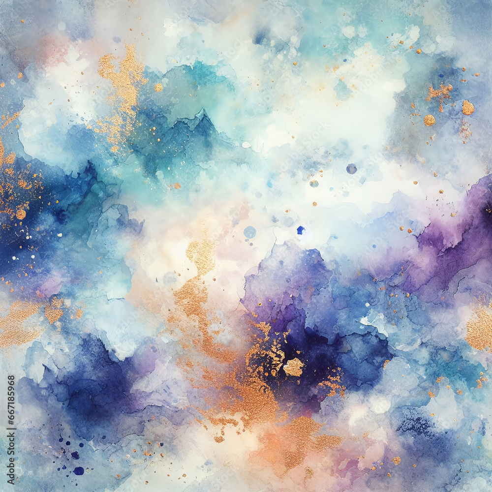 Watercolor texture with blue, purple and gold colors. Watercolor template for designs