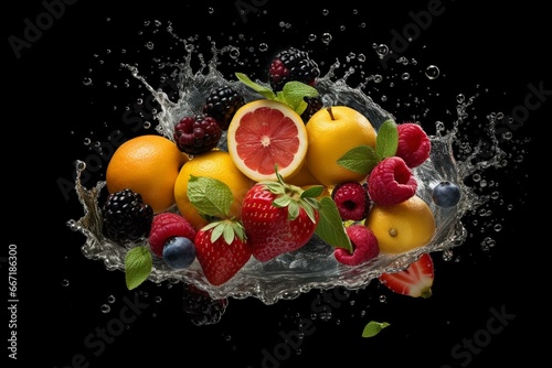 Various fruits on dark backdrop with splashing water. Generative AI