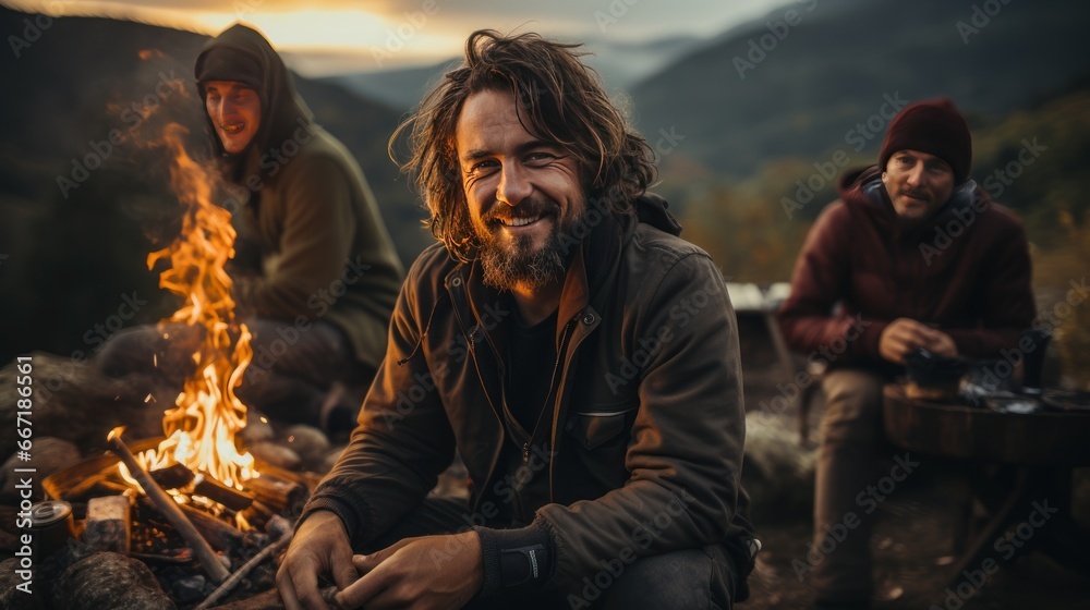 Group of middle aged adventurous hikers kindled campfires embracing spirit of wilderness. Fellow hikers ignited fire campfire sense of adventure and camaraderie.