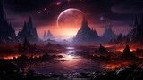 Futuristic fantasy landscape, sci-fi landscape with planet, neon light, cold planet. generative ai
