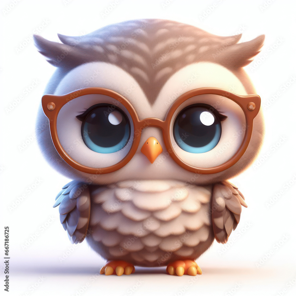 Cute baby owl with glasses illustration 3d style on white background. ai generative