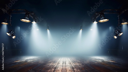 A closeup of Stage with red carpet and spotlights, Stage Podium Scene, Stage Background Spotlights illuminate the stage Lighting equipment Stage Spotlight background Generative AI