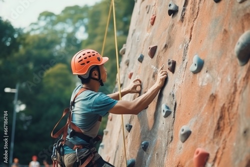 asian old sportsman exercises climbing on climbing wall
