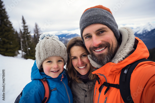 Generative AI picture of amazing young family three members traveling together mom dad son daughter hiking winter woods