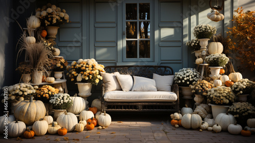 Front porch decorated for Thanksgiving Day with homemade wreath hanging door pumpkins. generative ai