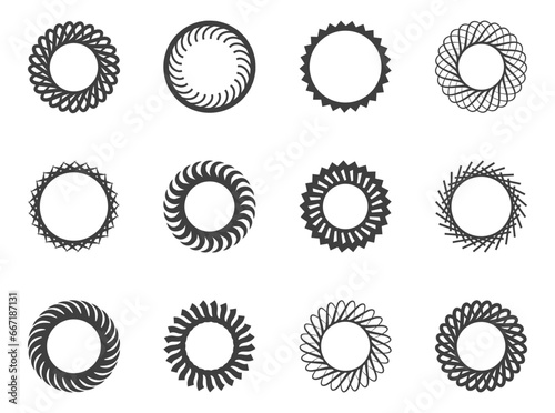 Spiral and swirl motion twisting circles design element set.