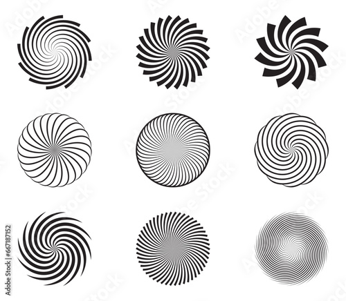 Spiral and swirl motion twisting circles design element set. Vector illustration.