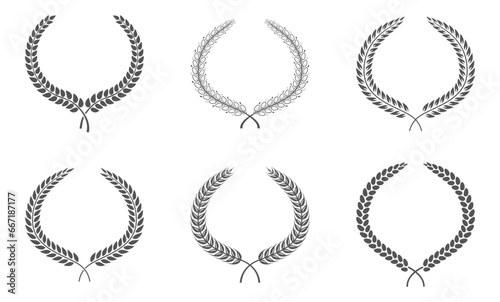 Collection of circular laurel foliate black and white silhouette depicting an award