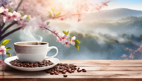 Coffee cup and cherry blossom on wooden table with nature background