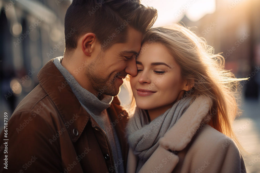 Naklejka premium Picture made with generative AI of handsome man and charming girl in love walking together on an evening date