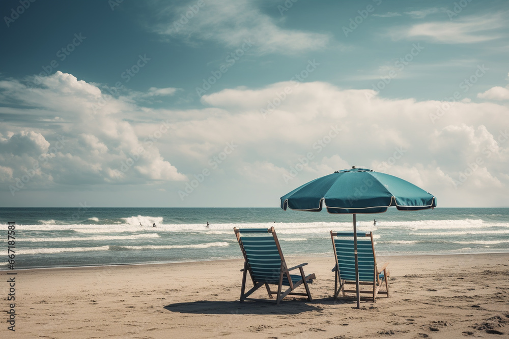 Beach chairs and umbrella on beautiful tropical beach - Vintage filter effect
