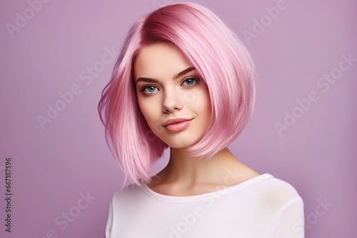 Generative AI portrait picture of beautiful young girl after salon styling have pink orange bright coloring dyed hair